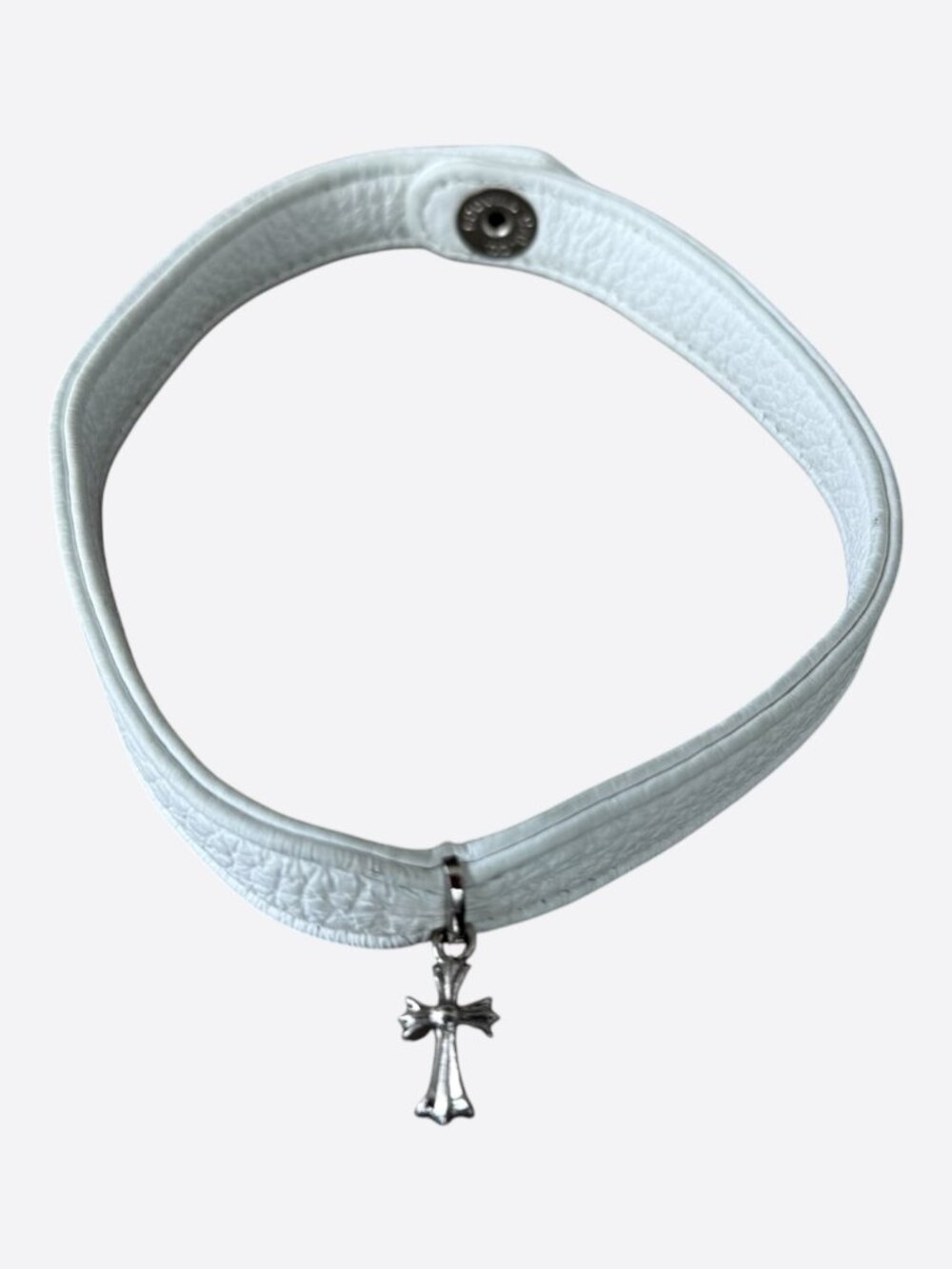 Chrome Hearts White & Rhodium Leather Cross Charm Choker Necklace